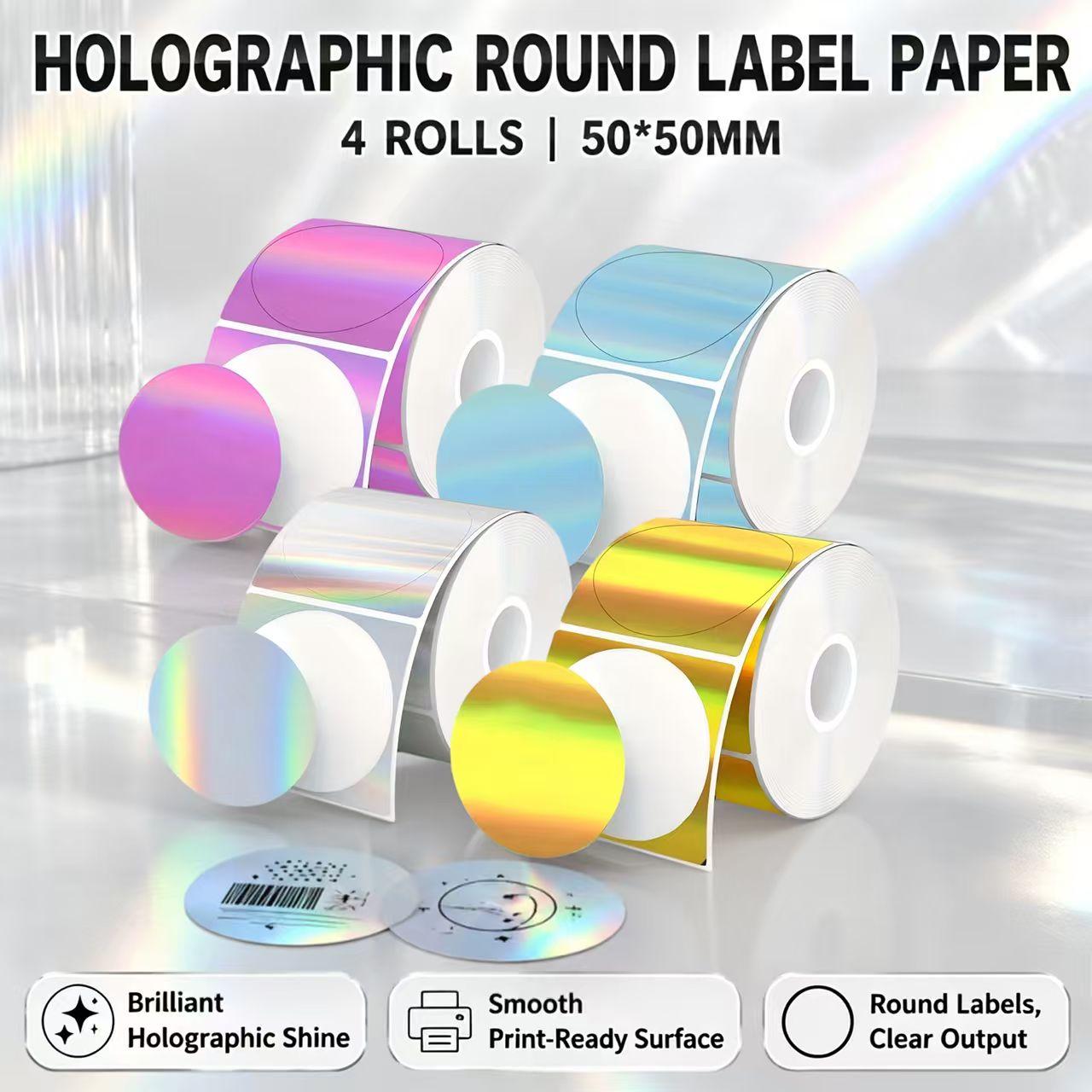 Round Sticker Thermal Labels Colored - 4 rolos de etiquetas térmicas holográficas