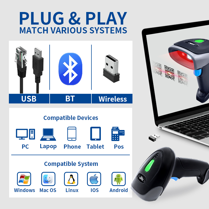 Leitor de Código de Barras 1D  - Wireless Barcode Scanner 2D Qr Laser avaliação e preço